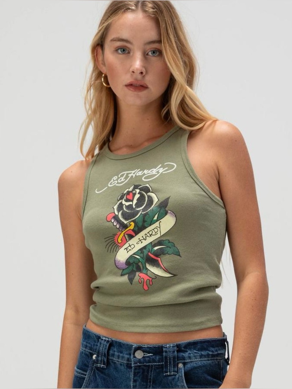 Ed Hardy Tattooed Rose tank Graphic Tank Green Size Large 🍃